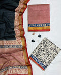 Classic Checkered & Floral Block Printed Maheshwari Silk Unstitched Suit