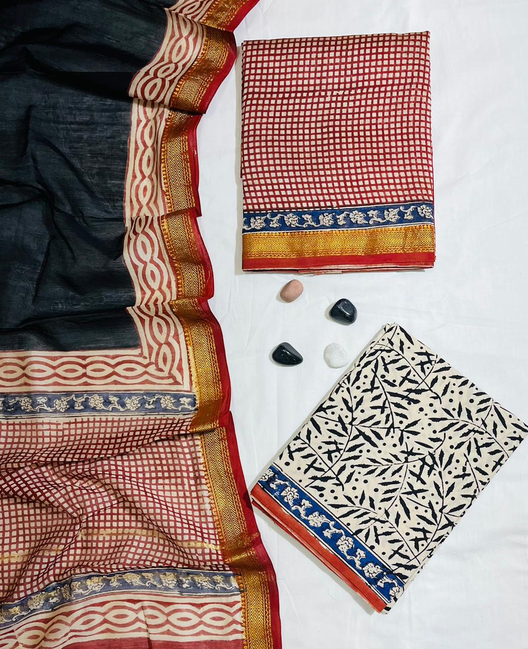 Classic Checkered & Floral Block Printed Maheshwari Silk Unstitched Suit