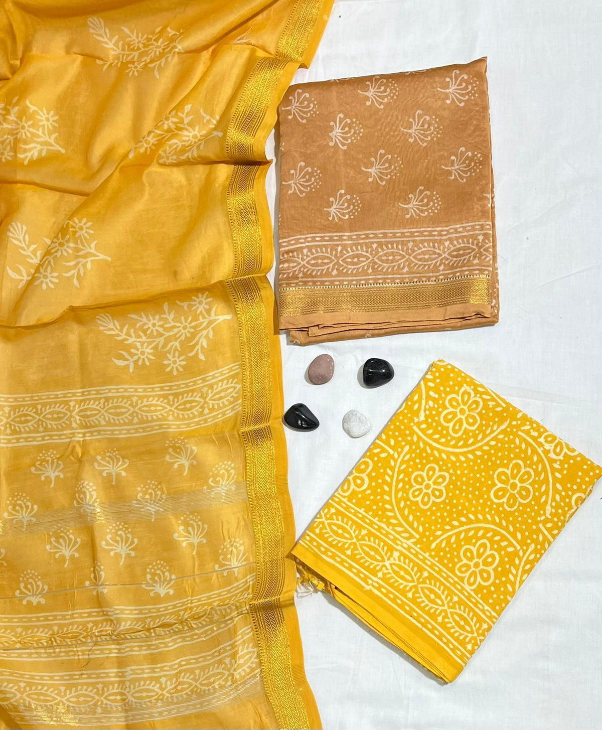 Festive Floral Hand-Block Printed Mustard & Orange Maheshwari Silk Unstitched Suit