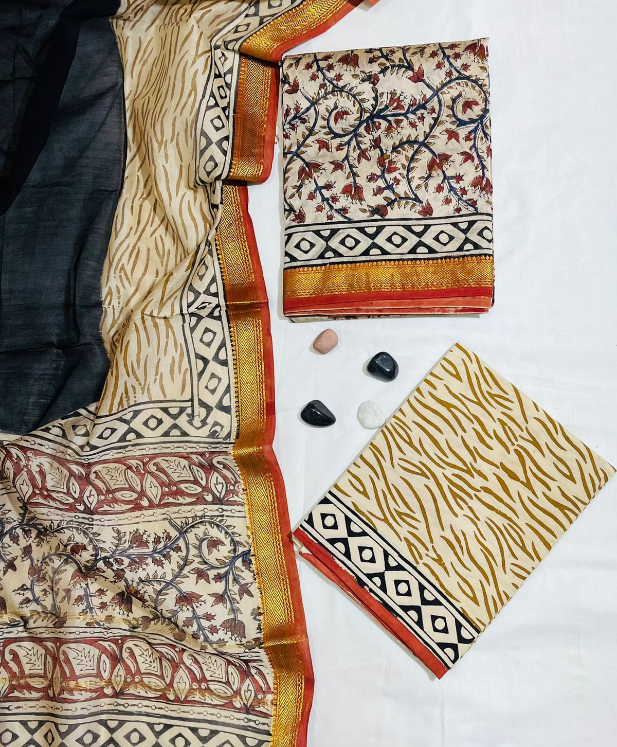 Kalamkari Floral & Tiger Hand-Block Print Pure Maheshwari Silk Unstitched Suit