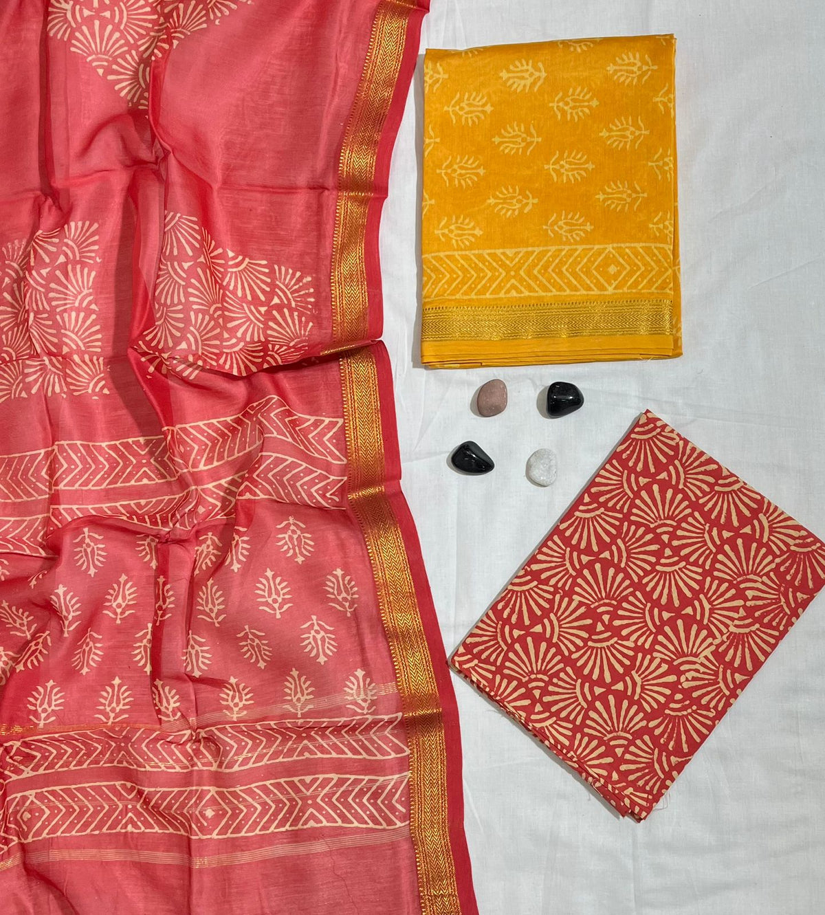 Festive Floral & Geometric Block Printed Maheshwari Silk Unstitched Suit