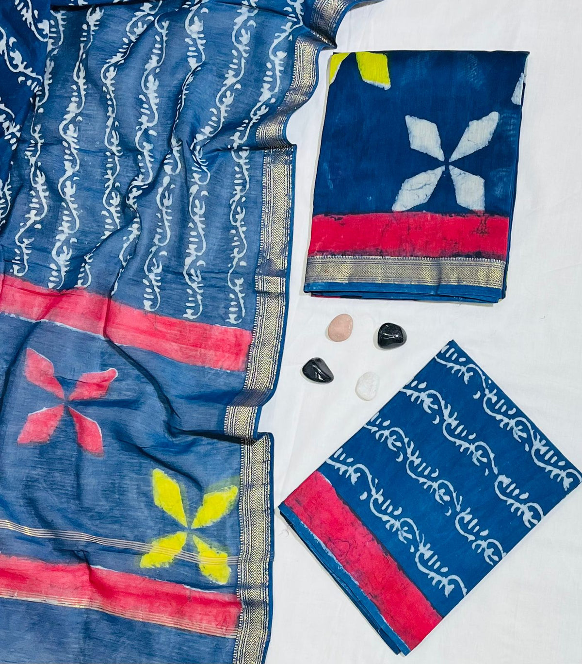 Contemporary Abstract Geometric Hand-Block Print Authentic Pure Maheshwari Silk Unstitched Suit 03 Piece