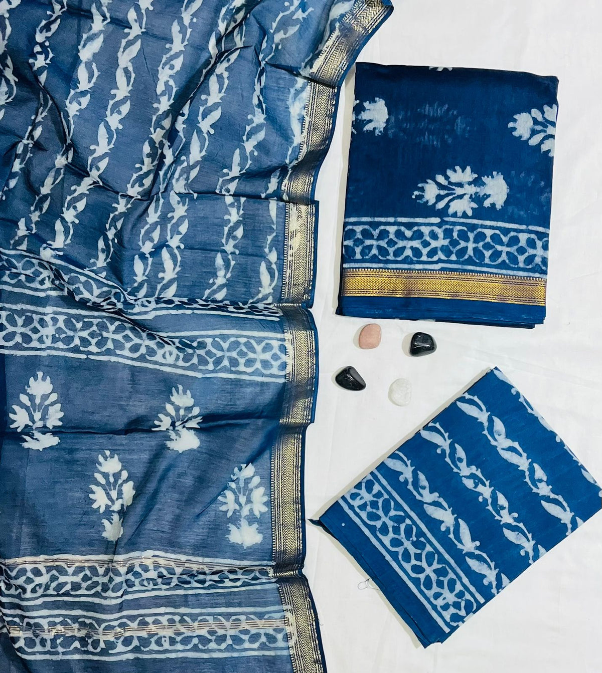 Traditional Indigo Floral Hand-Block Printed Maheshwari Silk Unstitched Suit
