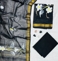 Minimalist Floral hand-Block Print Jet Black Pure Maheshwari Silk Unstitched Suit