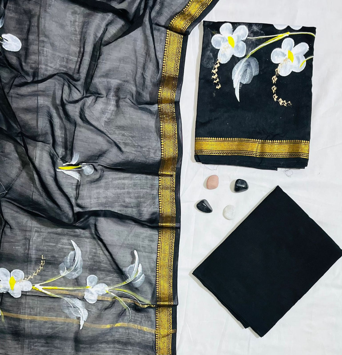 Minimalist Floral hand-Block Print Jet Black Pure Maheshwari Silk Unstitched Suit