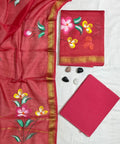 Radiant Floral Hand-Block Print Rani Pink Pure Maheshwari Silk Unstitched Suit