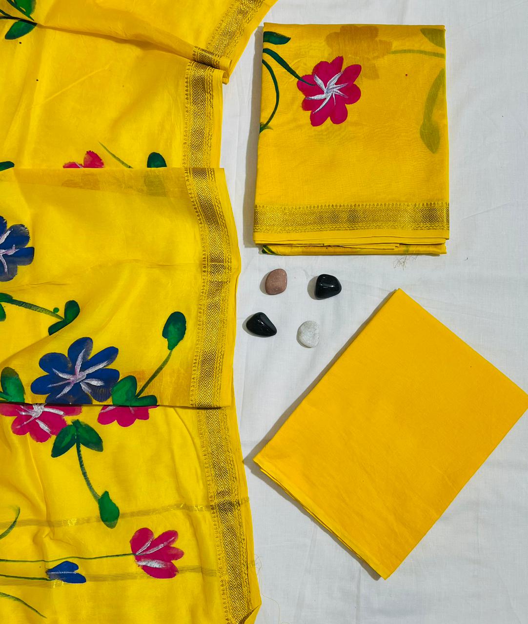 Vibrant Floral Print Haldi Yellow Maheshwari Silk Unstitched Suit