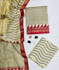 Elegant Striped & Vine Hand-Block Printed Beige Pure Maheshwari Silk Unstitched Suit