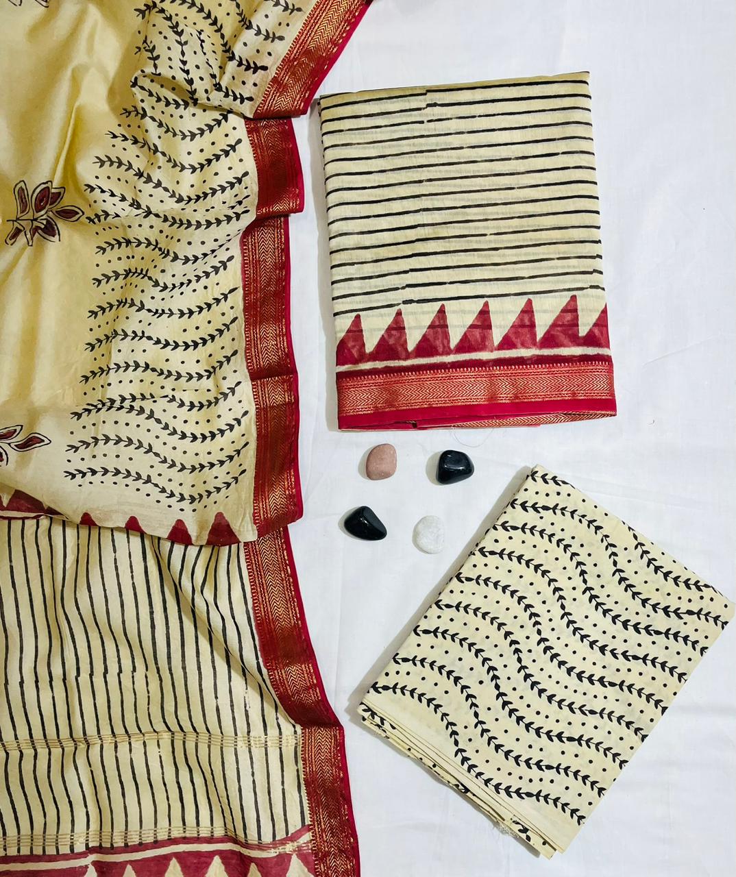 Elegant Striped & Vine Hand-Block Printed Beige Pure Maheshwari Silk Unstitched Suit