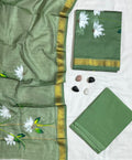 Minimalist Lotus Print Mehendi Green Maheshwari Silk Unstitched Suit