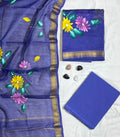 Vibrant Floral Hand-Block Print Royal Blue Fine Authentic Maheshwari Silk Unstitched Suit (03 Piece)