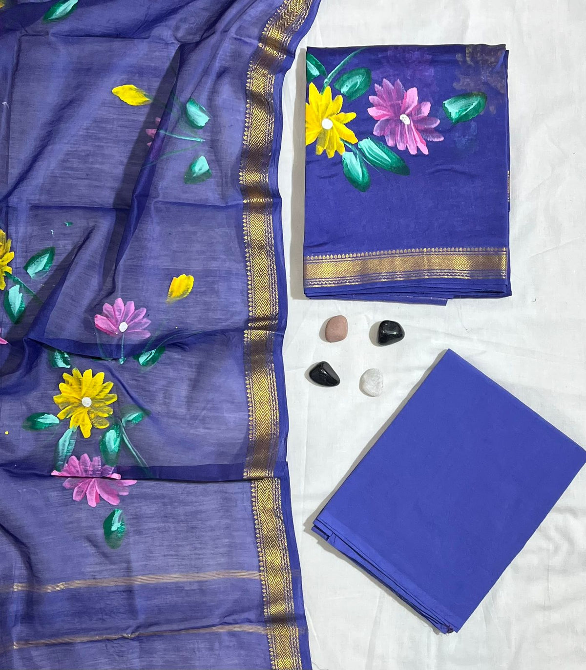 Vibrant Floral Hand-Block Print Royal Blue Fine Authentic Maheshwari Silk Unstitched Suit (03 Piece)