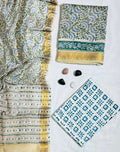 Refreshing Floral & Geometric Hand-Block Printed White Maheshwari Silk Unstitched Suit
