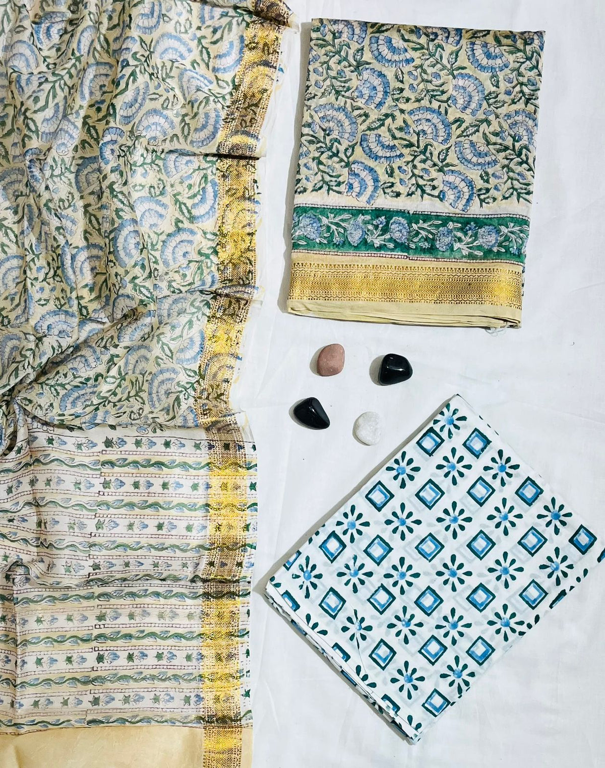 Refreshing Floral & Geometric Hand-Block Printed White Maheshwari Silk Unstitched Suit