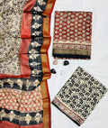 Heritage Kalamkari Floral & Tribal Hand-Block Printed Authentic Pure Maheshwari Silk Unstitched Suit (03 Piece)