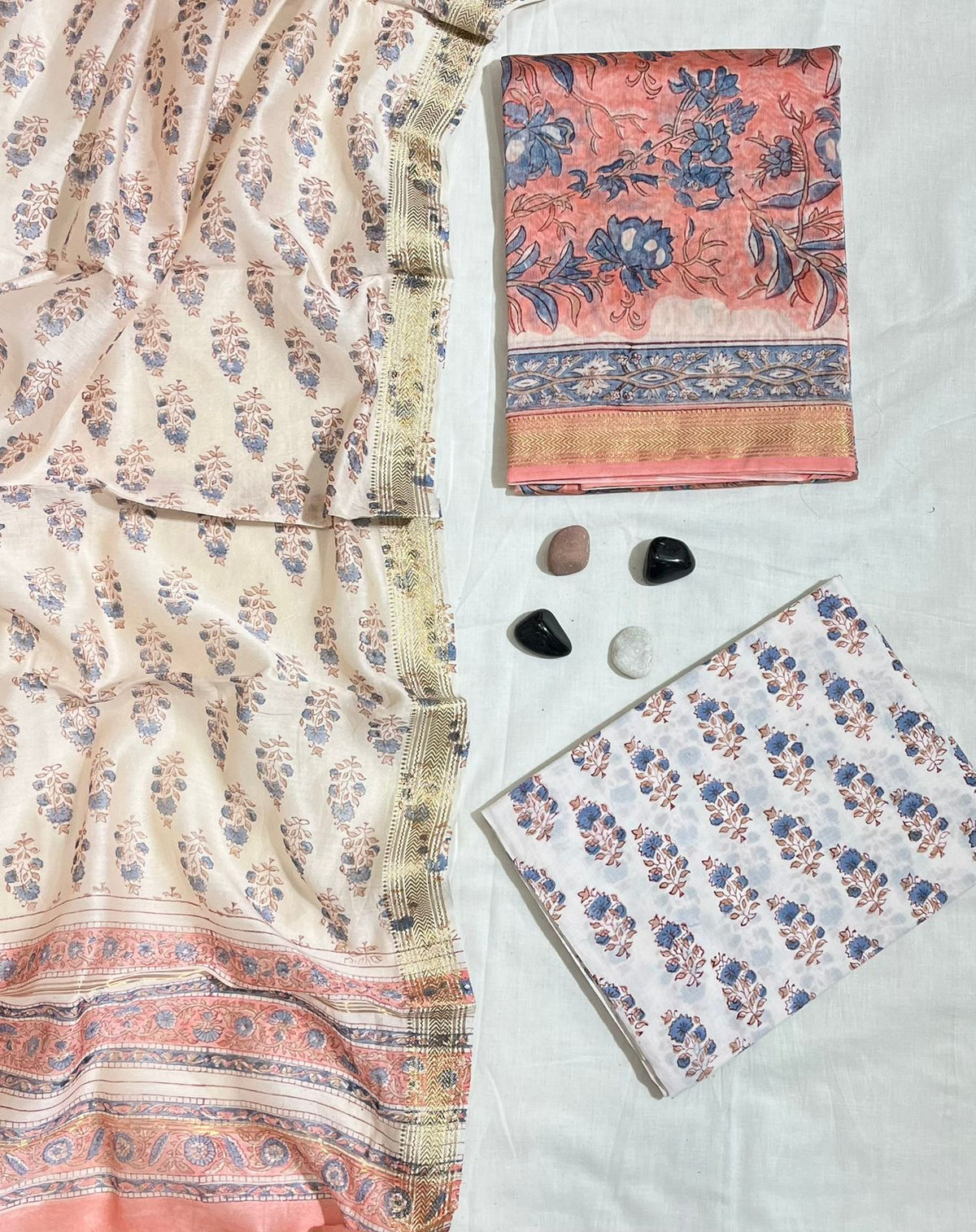 Graceful Floral & Paisley Hand-Block Printed Pure Peach Maheshwari Silk Unstitched Suit (03 Piece)
