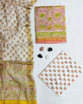 Elegant Lotus & Botanical Hand-Block Printed Off-White Pure Authentic Maheshwari Silk Unstitched Suit