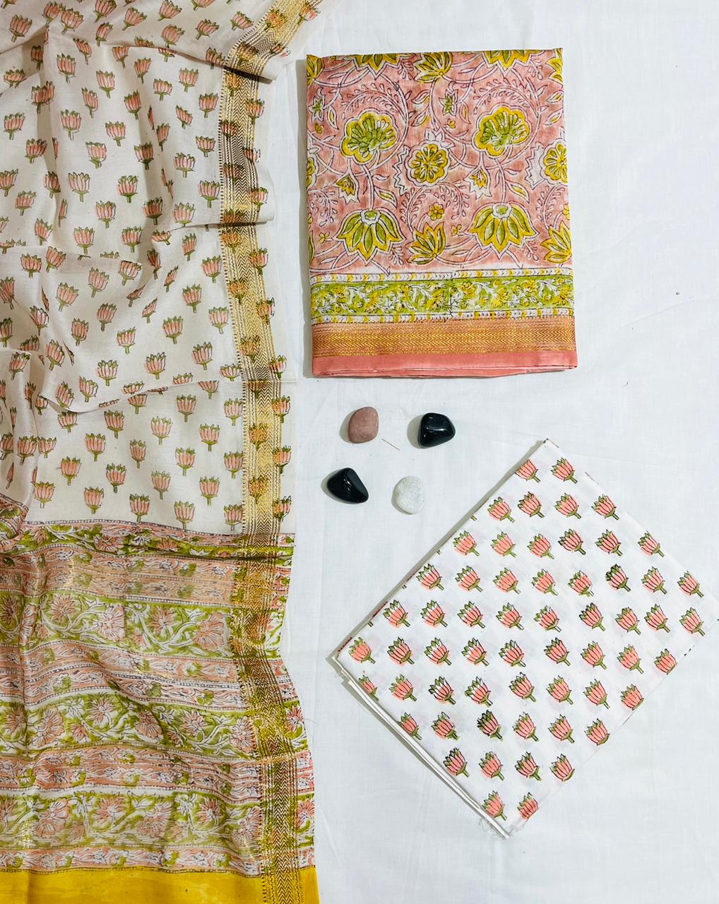 Elegant Lotus & Botanical Hand-Block Printed Off-White Pure Authentic Maheshwari Silk Unstitched Suit