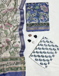 Regale Floral Vine Hand-Block Printed Ivory & Blue Maheshwari Silk Unstitched Suit