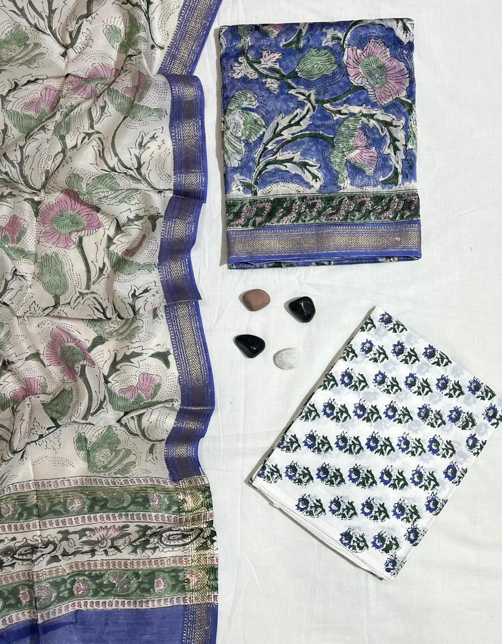 Regale Floral Vine Hand-Block Printed Ivory & Blue Maheshwari Silk Unstitched Suit