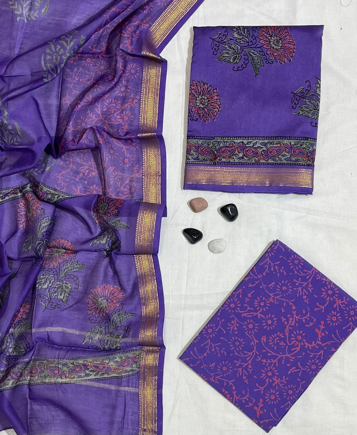 Vibrant Floral & Paisley Hand-Block Printed Jamuni Pure Authentic Maheshwari Silk Unstitched Suit