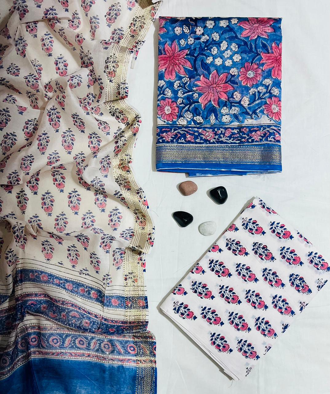Fluid Elegance Floral & Paisley Hand-Block Printed Cream & Blue Fine Authentic Maheshwari Silk Unstitched Suit