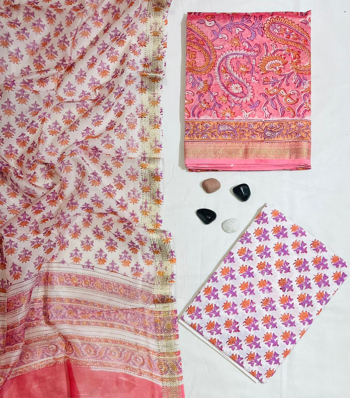 Charming Paisley & Floral Hand-Block Printed Ivory & Pink Maheshwari Silk Unstitched Suit