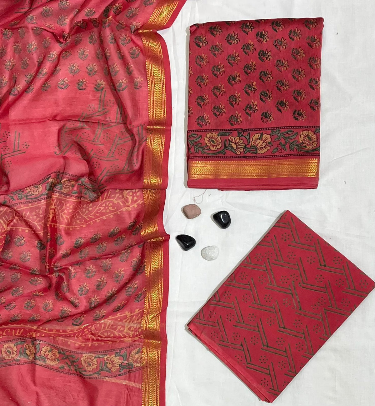 Traditional Geometric & Floral Block Printed Red Maheshwari Silk Unstitched Suit