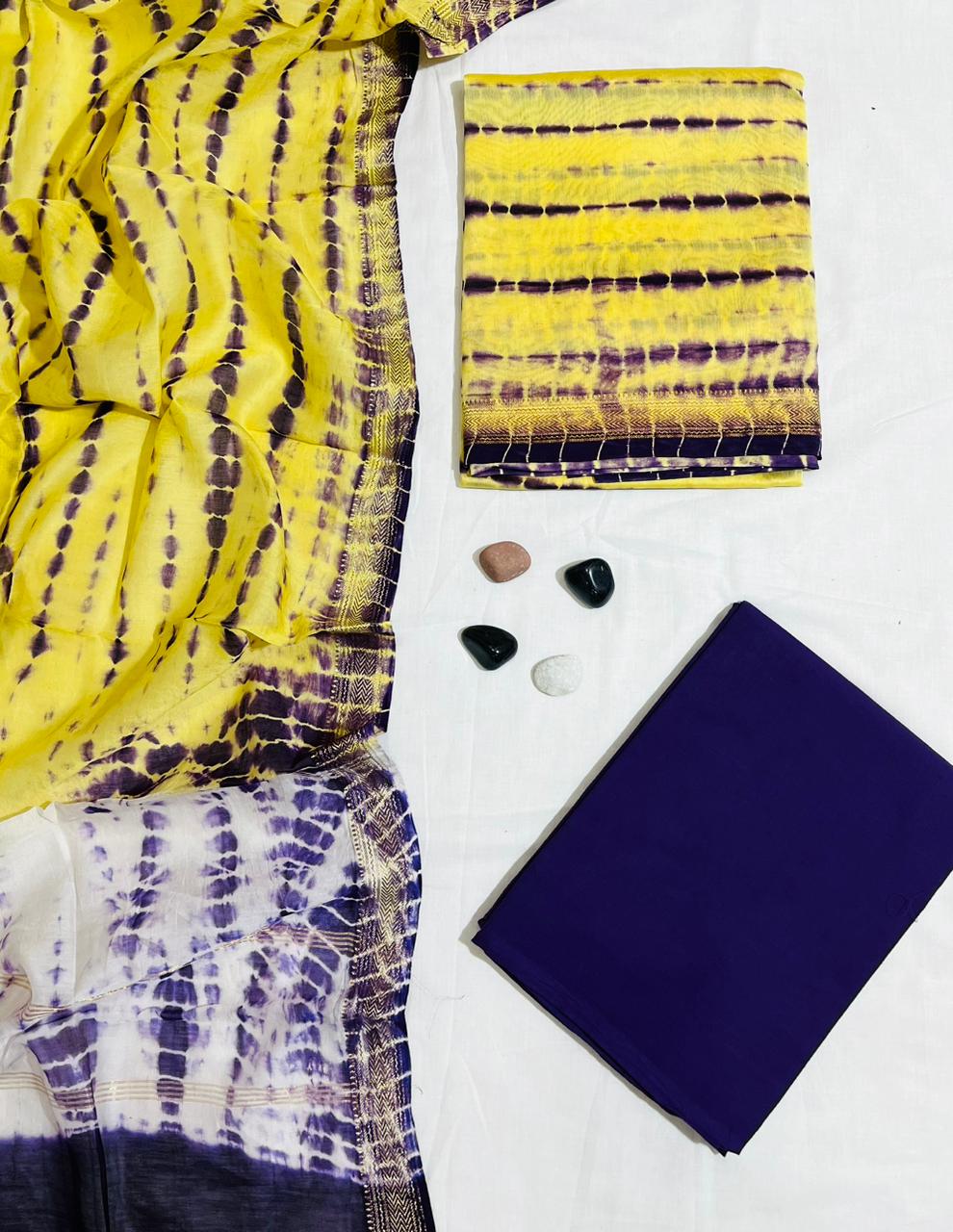Handcrafted Shibori Tie & Dye Yellow & Purple Maheshwari Silk Unstitched Suit