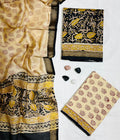 Elegant Paisley & Floral Hand-Block Printed Cream & Black Maheshwari Silk Unstitched Suit