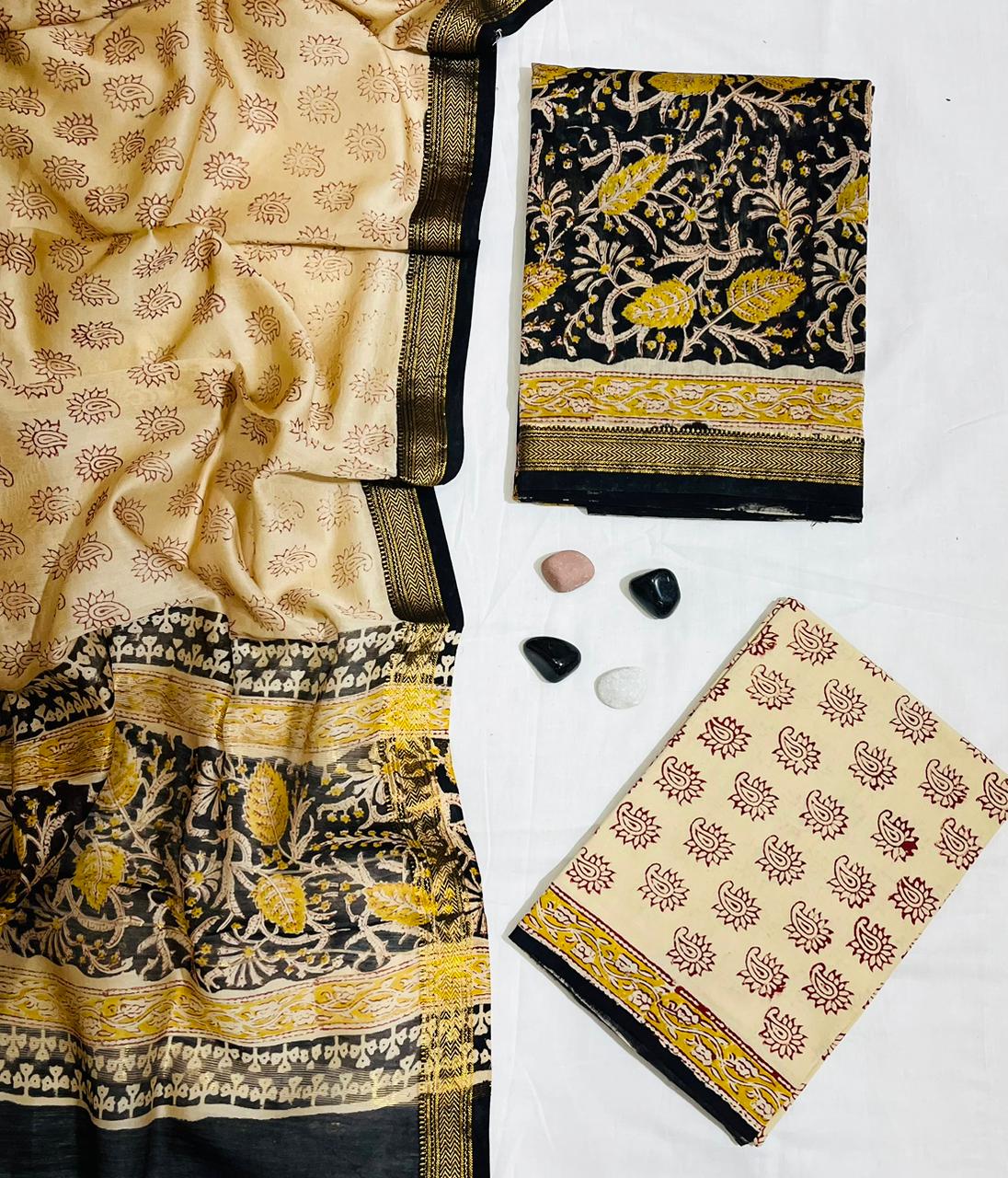 Elegant Paisley & Floral Hand-Block Printed Cream & Black Maheshwari Silk Unstitched Suit