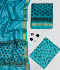 Refreshing Floral & Graphic Hand-Block Printed Firozi Maheshwari Silk Unstitched Suit