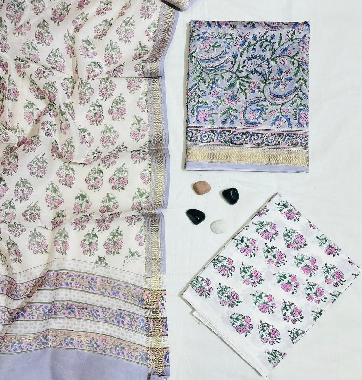 Graceful Botanical & Floral Block Printed Ivory Maheshwari Silk Unstitched Suit