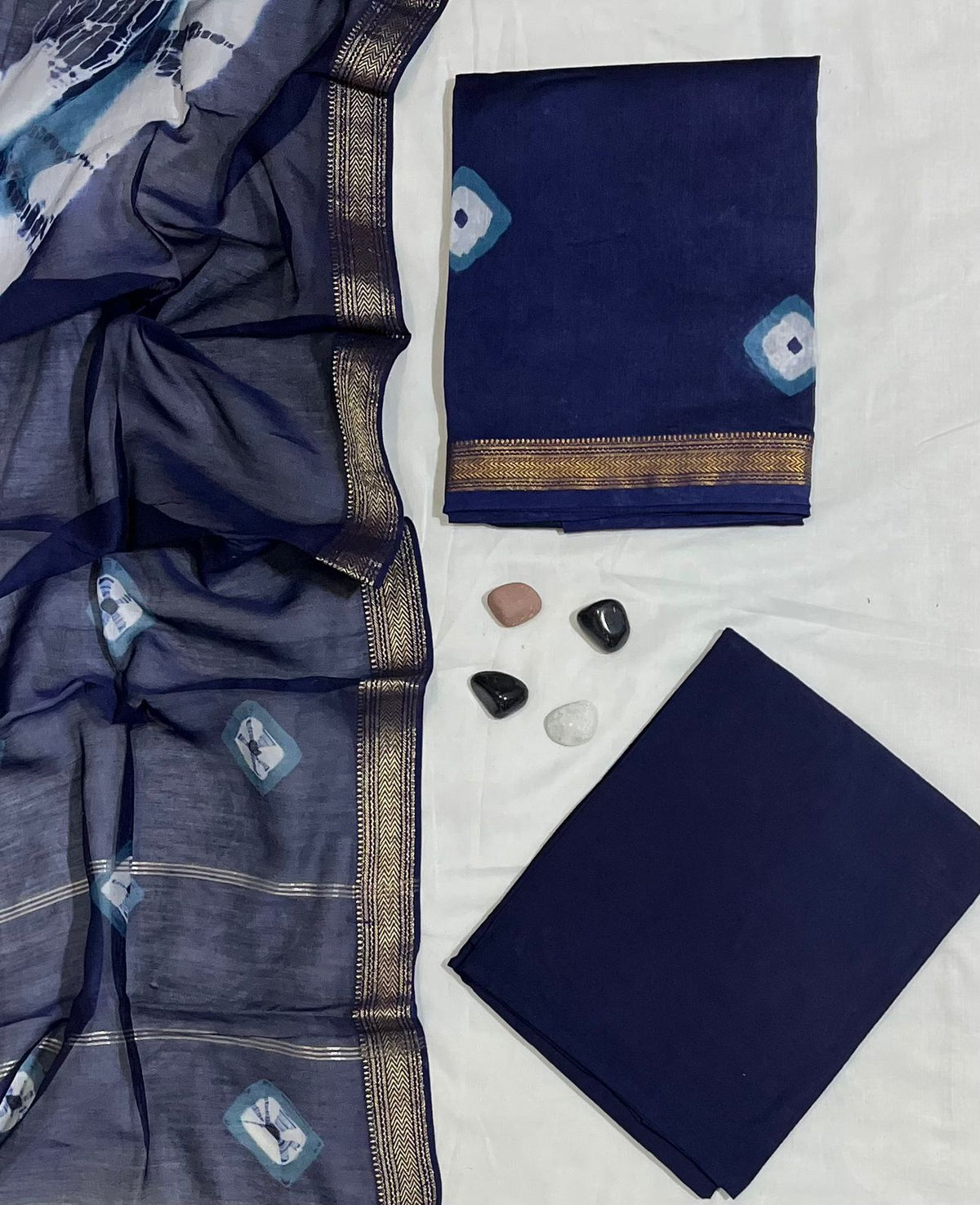 Artisanal Shibori Tie & Dye Dark Blue Maheshwari Silk Unstitched Suit