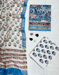 Traditional Floral & Paisley Block Printed Ivory & Blue Maheshwari Silk Unstitched Suit