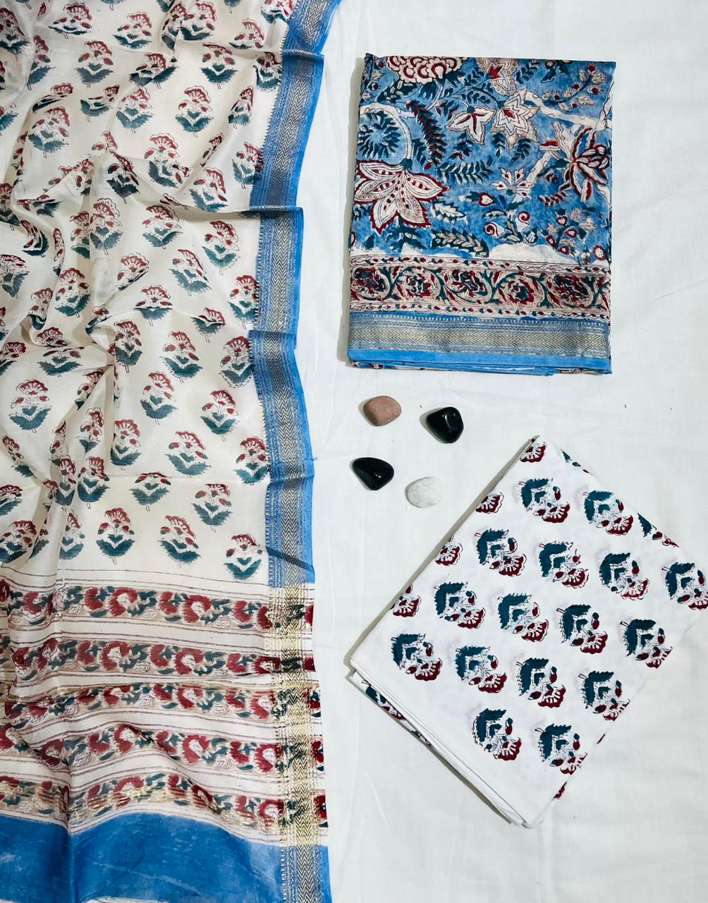 Traditional Floral & Paisley Block Printed Ivory & Blue Maheshwari Silk Unstitched Suit