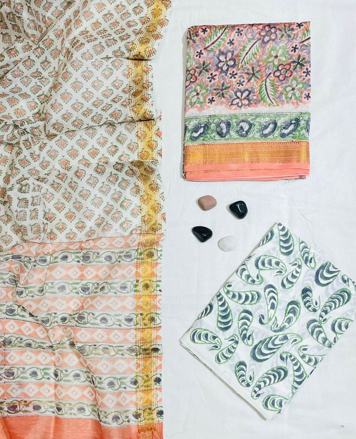 Lyrical Paisley & Floral Hand- Block Printed Cream & Peach Authentic Pure Maheshwari Silk Unstitched Suit