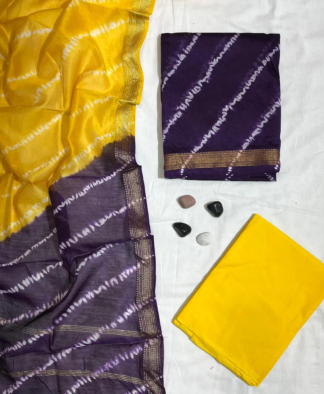 Vibrant Leheriya Shibori Hand Crafted Tie & Dye Yellow & Purple Maheshwari Silk Unstitched Suit
