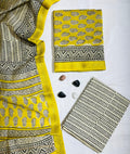 Traditional Hand Block Printed Yellow Maheshwari Silk Unstitched Suit with Dupatta