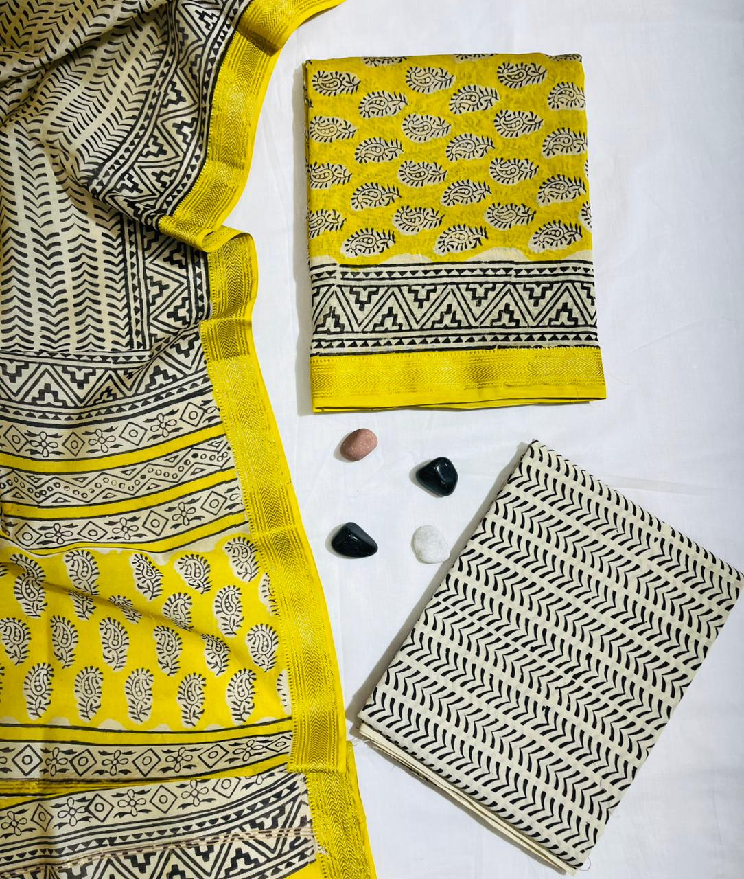 Traditional Hand Block Printed Yellow Maheshwari Silk Unstitched Suit with Dupatta