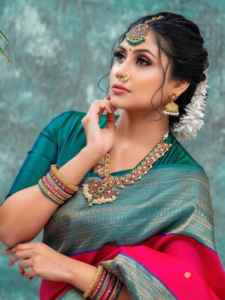 Art Silk Kanjeevaram Saree in Red and Green Shades