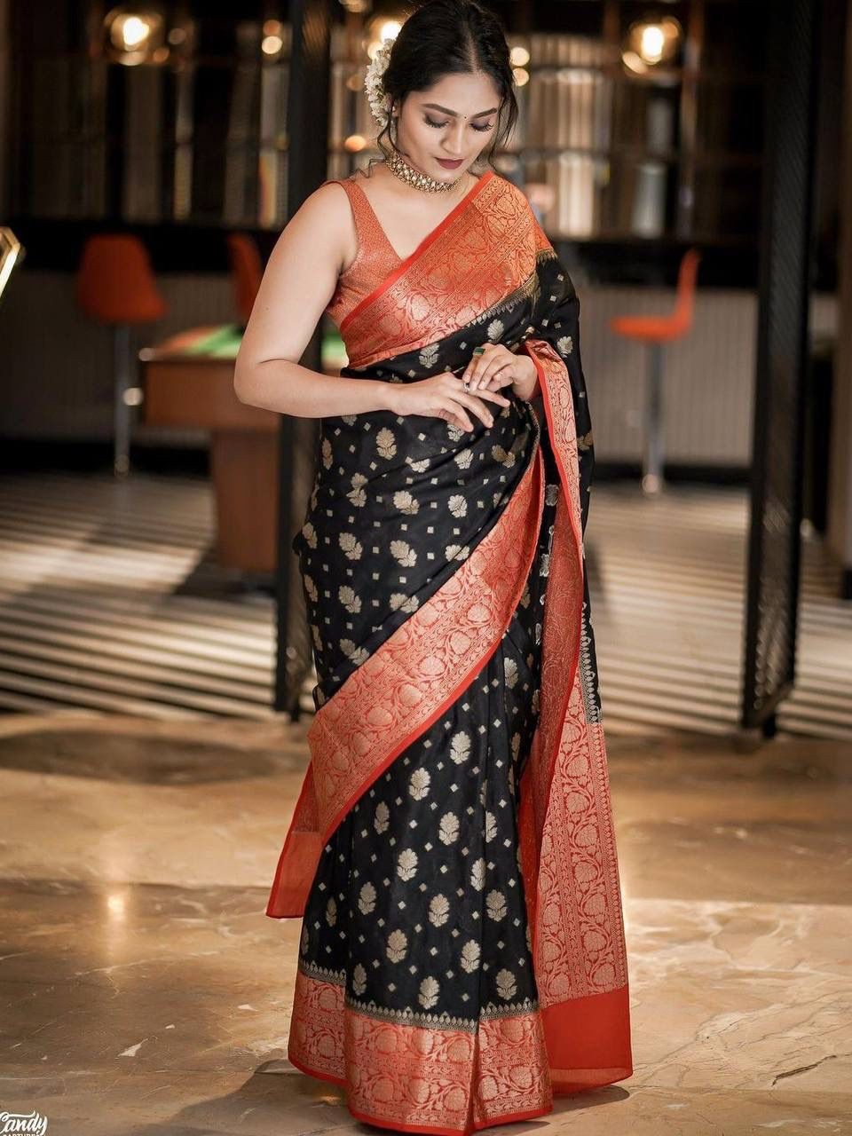 Semi Silk Kanjeevaram Elegant Design Black Color Saree with Zari Border Butti and Rich Pallu