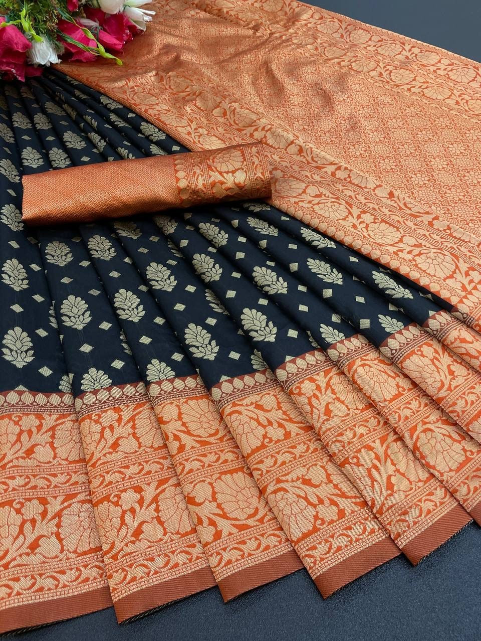 Semi Silk Kanjeevaram Elegant Design Black Color Saree with Zari Border Butti and Rich Pallu
