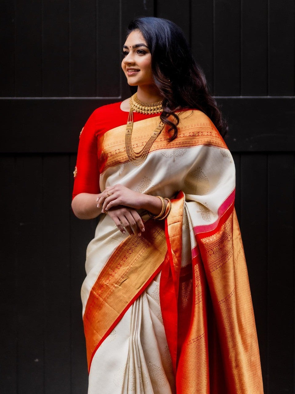 Semi Silk Kanjeevaram Elegant Design Cream Color Saree with Rich Pallu
