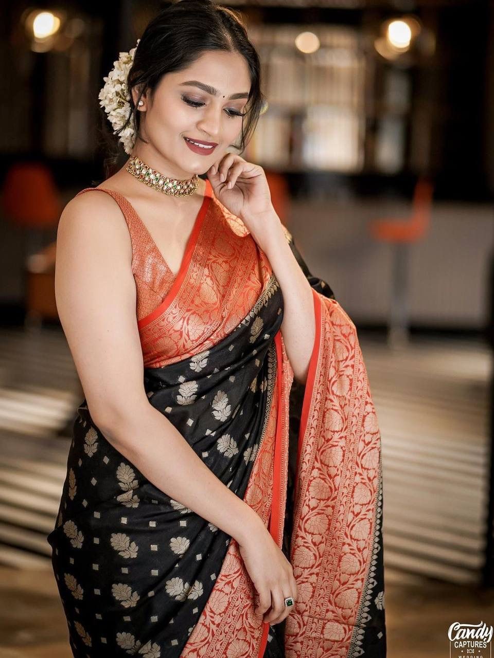 Semi Silk Kanjeevaram Elegant Design Black Color Saree with Zari Border Butti and Rich Pallu