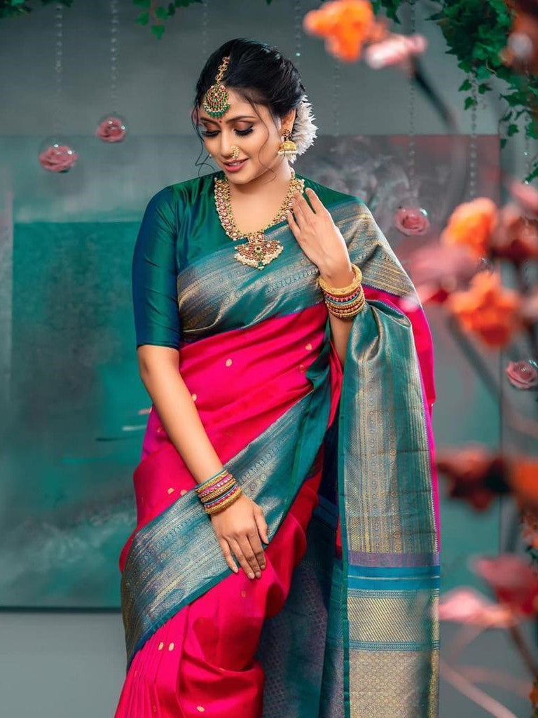 Semi Silk Kanjeevaram Saree in Red and Green Shades