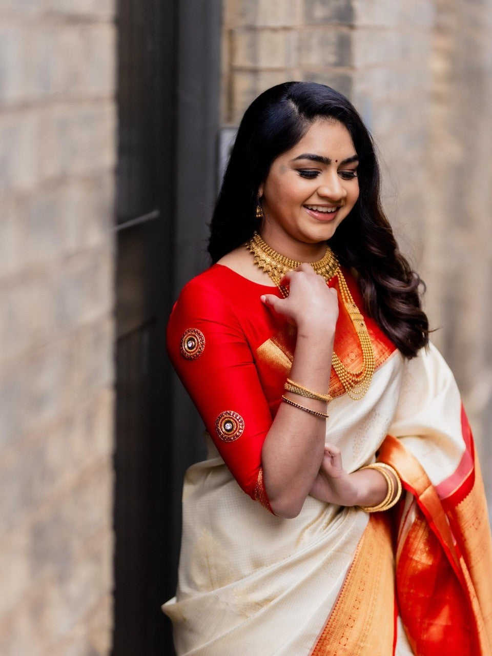 Semi Silk Kanjeevaram Elegant Design Cream Color Saree with Rich Pallu