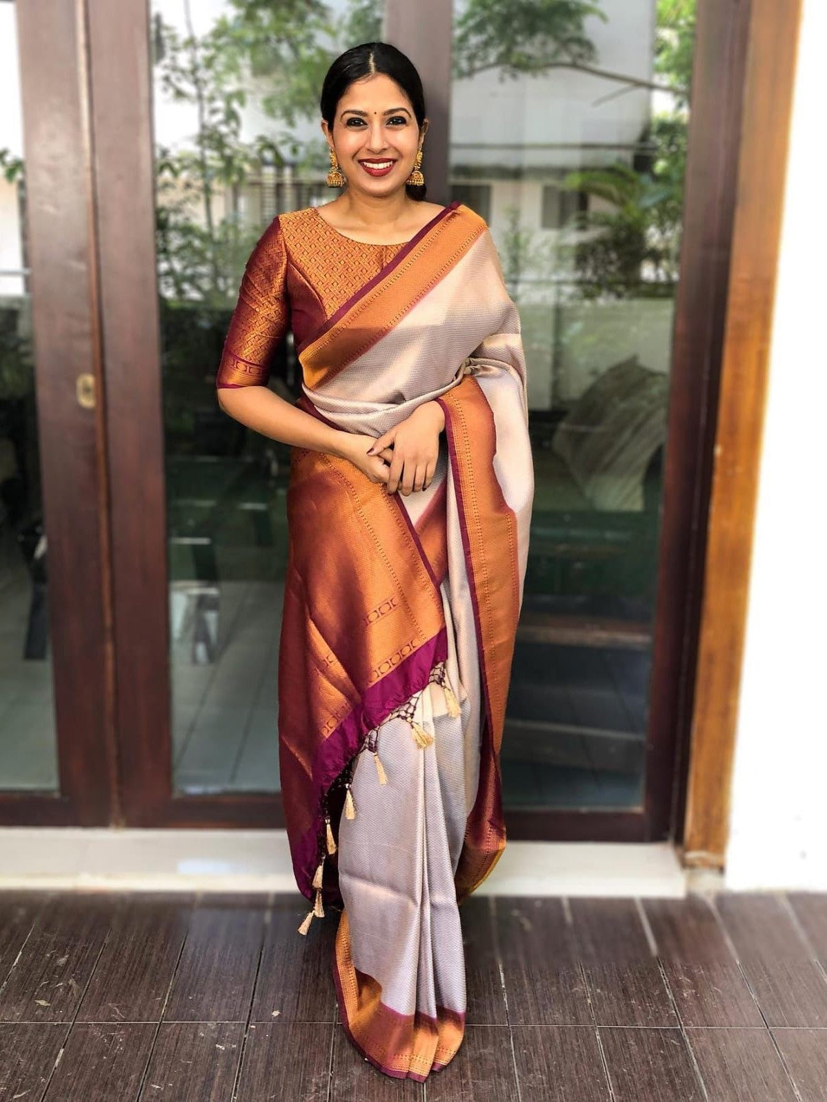 Semi Silk Kanjeevaram Elegant Design Silverish Grey Saree with Handmade Tussels