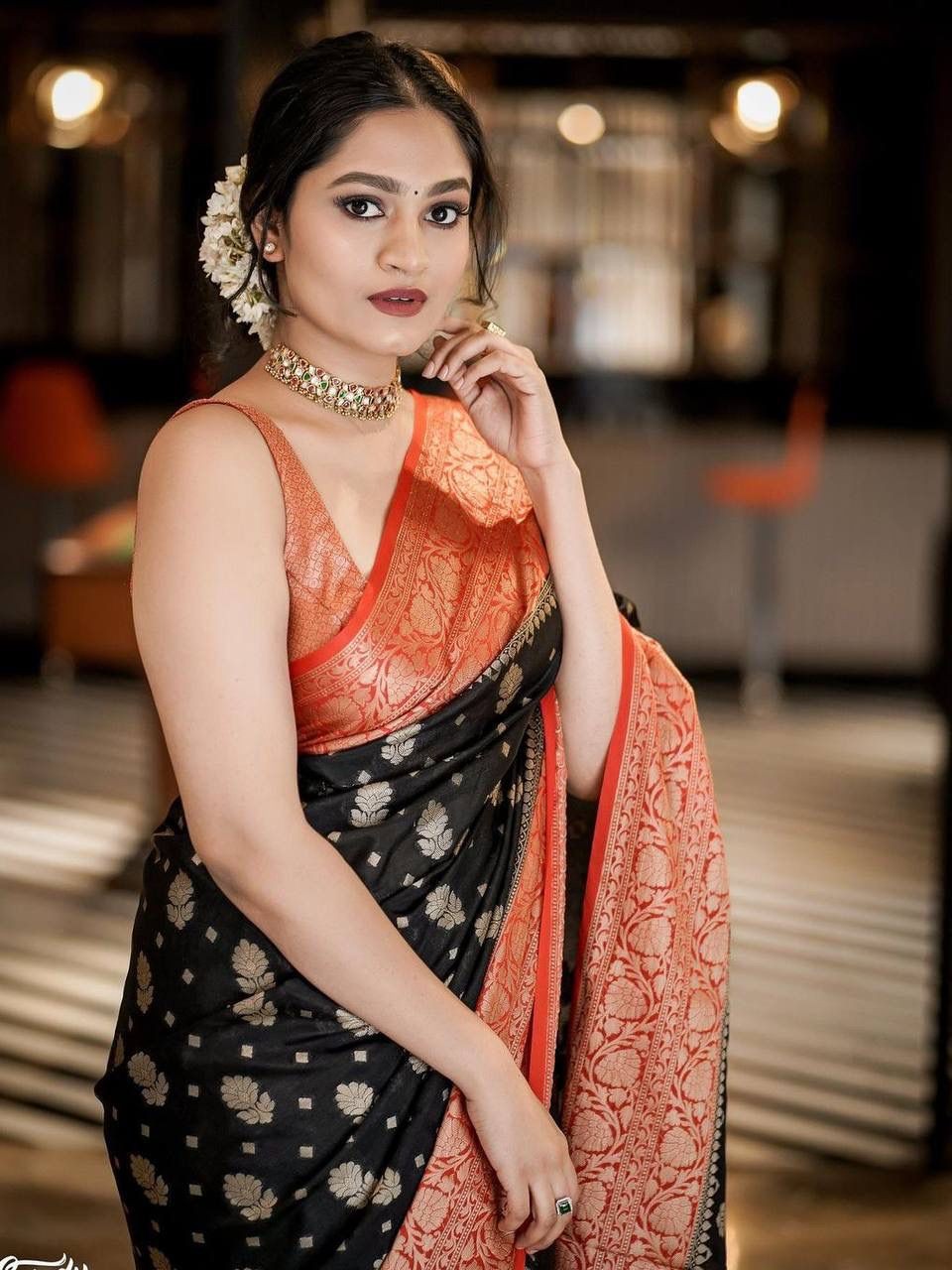 Semi Silk Kanjeevaram Elegant Design Black Color Saree with Zari Border Butti and Rich Pallu