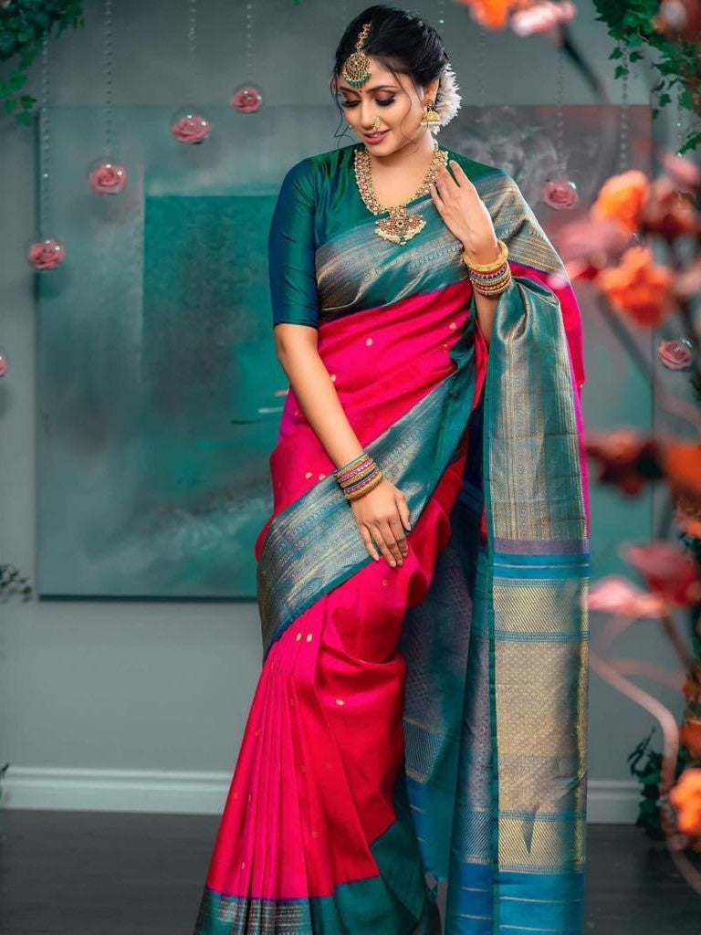 Art Silk Kanjeevaram Saree in Red and Green Shades